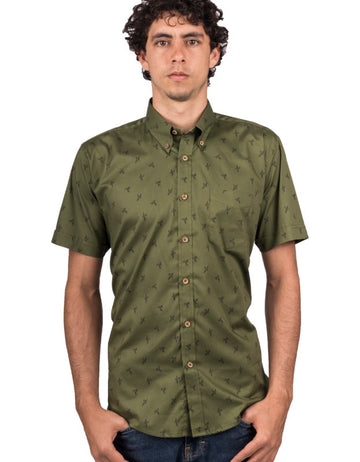 Camisa Manga Corta Verde Militar Estampado Aves - Moldería informal
