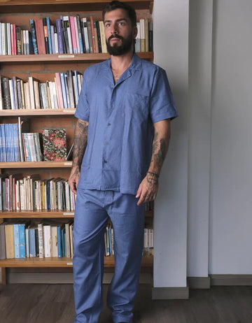 Pijama Manga Corta Azul Oscuro Textura Triángulos