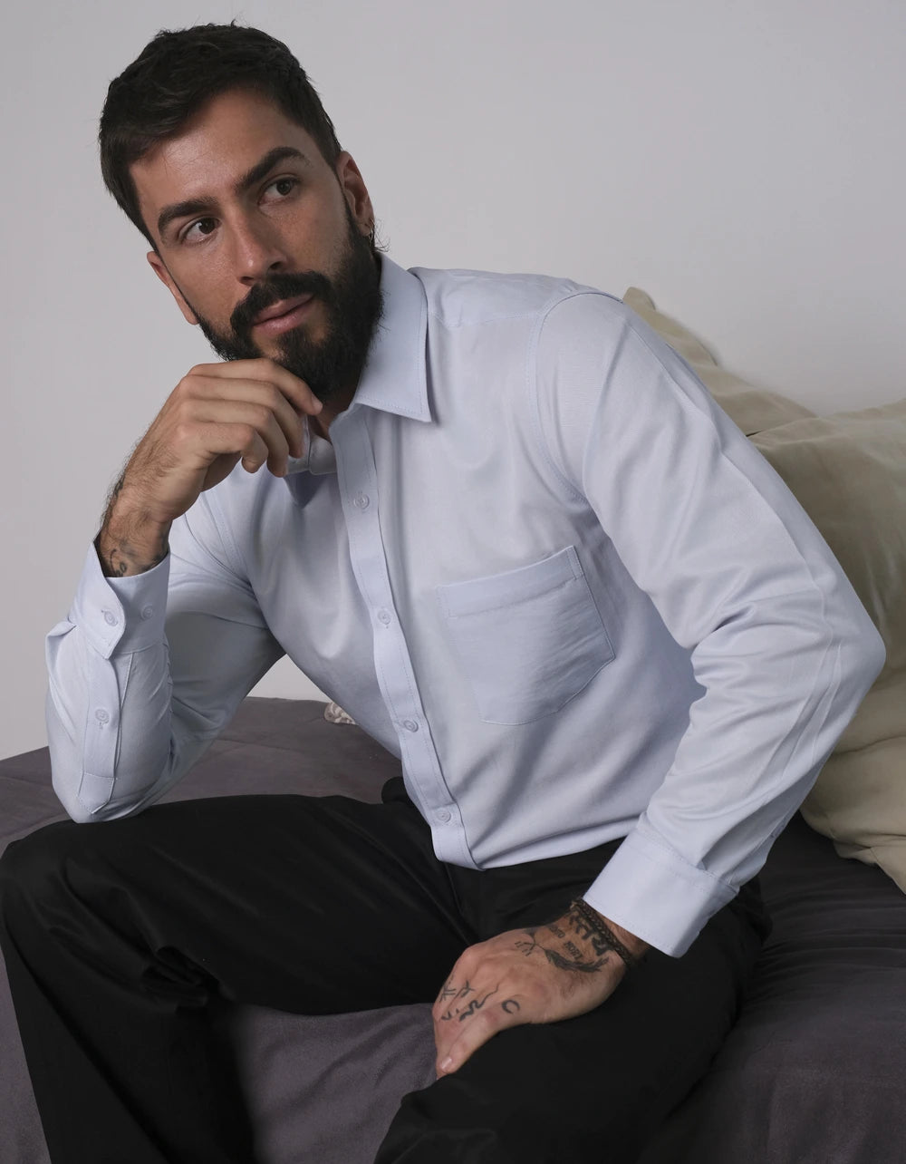 Camisa Manga Larga Azul Claro Textura Espina De Pescado - Moldería clásica
