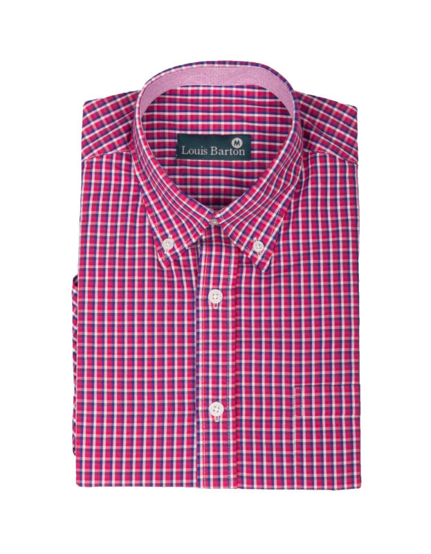Camisa a Cuadros Manga Corta Fucsia, Rayas Blanco y Azul - Moldería informal