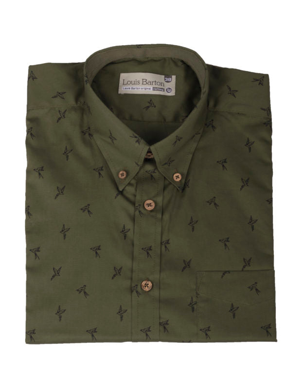 Camisa Manga Corta Verde Militar Estampado Aves - Moldería informal