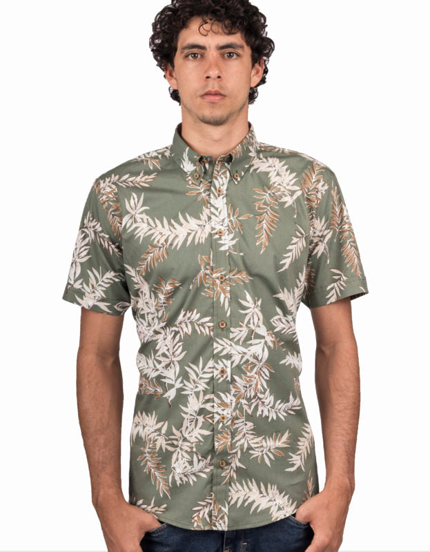 Camisa Manga Corta Verde Militar Estampado Hojas Beige - Moldería informal