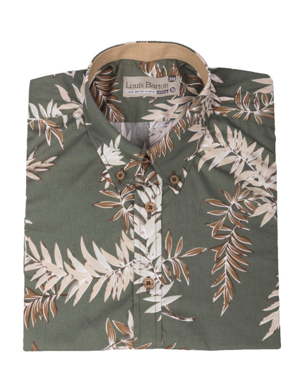 Camisa Manga Corta Verde Militar Estampado Hojas Beige - Moldería informal
