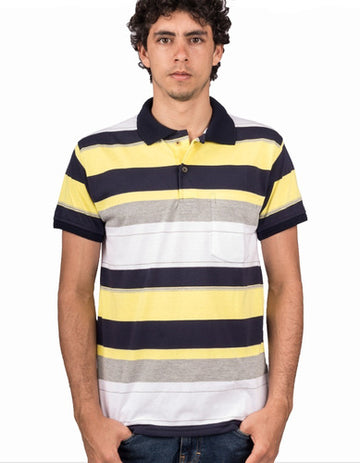 Camiseta Tipo Polo Rayas Azúl, Amarillo Y Grís
