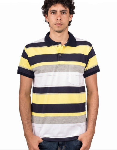 Camiseta Tipo Polo Rayas Azúl, Amarillo Y Grís