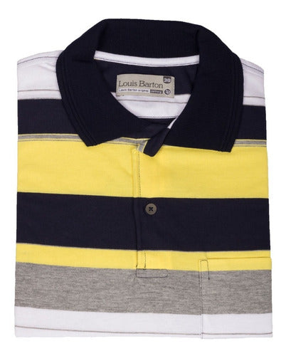 Camiseta Tipo Polo Rayas Azúl, Amarillo Y Grís