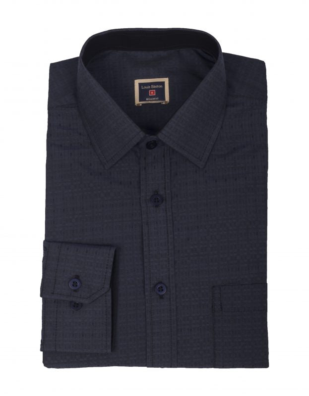 Camisa Manga Larga Color Azul Oscuro Con Textura - Moldería clásica