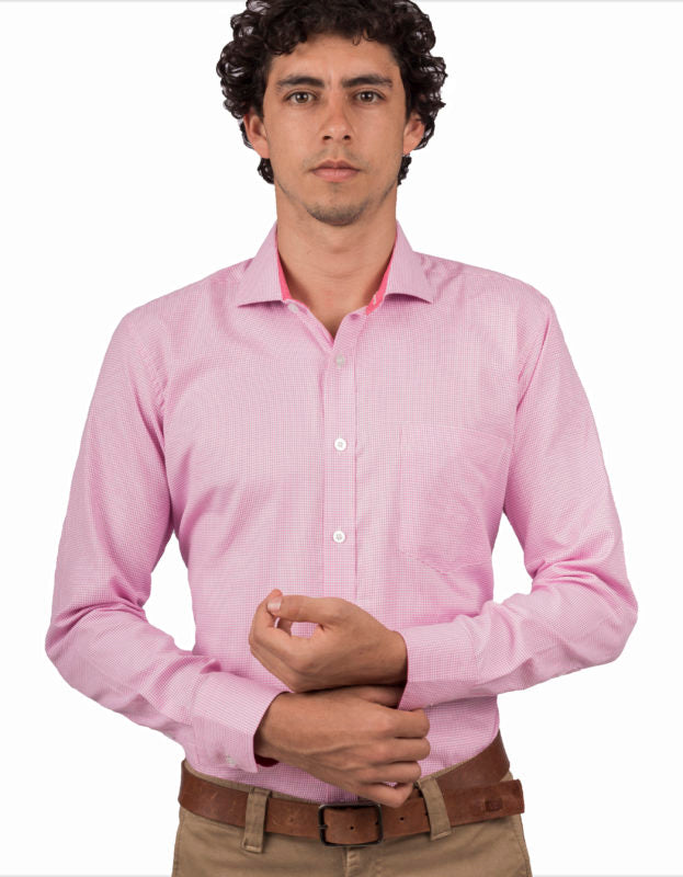 Camisa Manga Larga Estampado Geométrico Rosa Y Blanco - Moldería slim