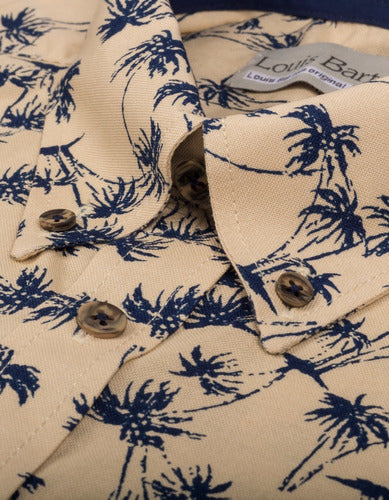 Camisa Manga Corta Color Amarillo Claro Estampado Palmeras Azul Oscuro - Moldería informal