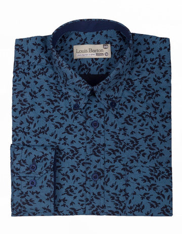 Camisa Manga Larga Azul Estampado Flores Negras - Moldería informal