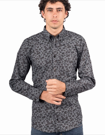 Camisa Manga Larga Gris Con Flores Negras - Moldería informal