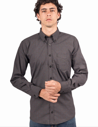 Camisa Manga Larga Negra Estampado Abstracto Gris Puntos Azules - Moldería informal