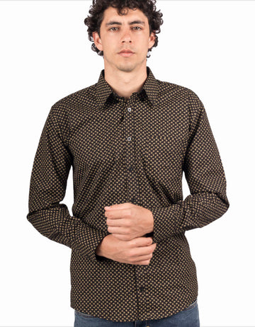 Camisa Manga Larga Negra Print Hojas Doradas - Moldería informal
