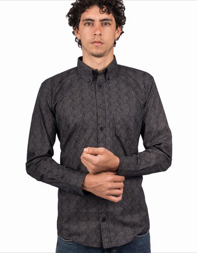 Camisa Manga Larga Color Azul Oscuro Print Flores en Puntos - Moldería informal