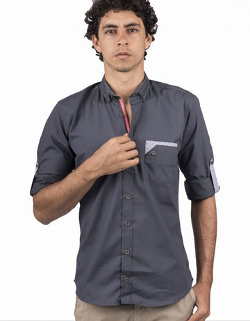 Camisa Cuello Nerú Color Azul Grisáceo Detalle en Bolsillo - Moldería slim