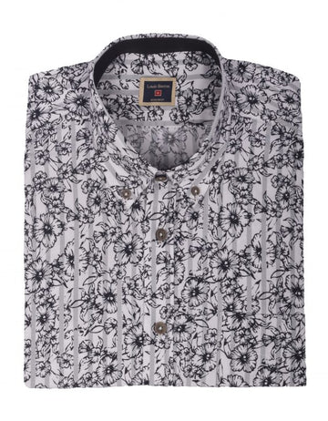 Camisa Manga Corta Blanca  Rayas Grises Flores Azules - Moldería informal