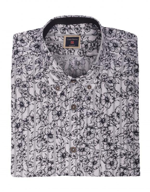 Camisa Manga Corta Blanca  Rayas Grises Flores Azules - Moldería informal