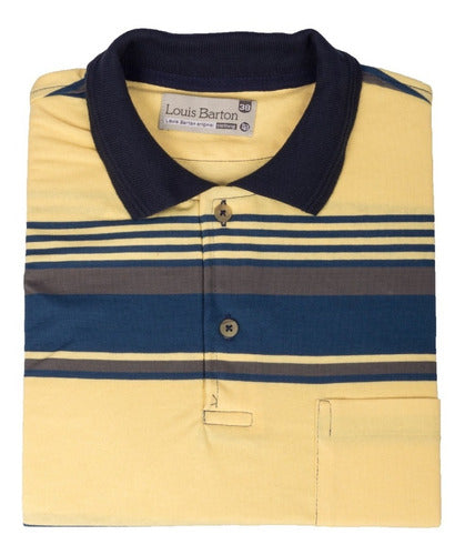 Camiseta Tipo Polo Rayas Amarillo Claro, Azul y Gris