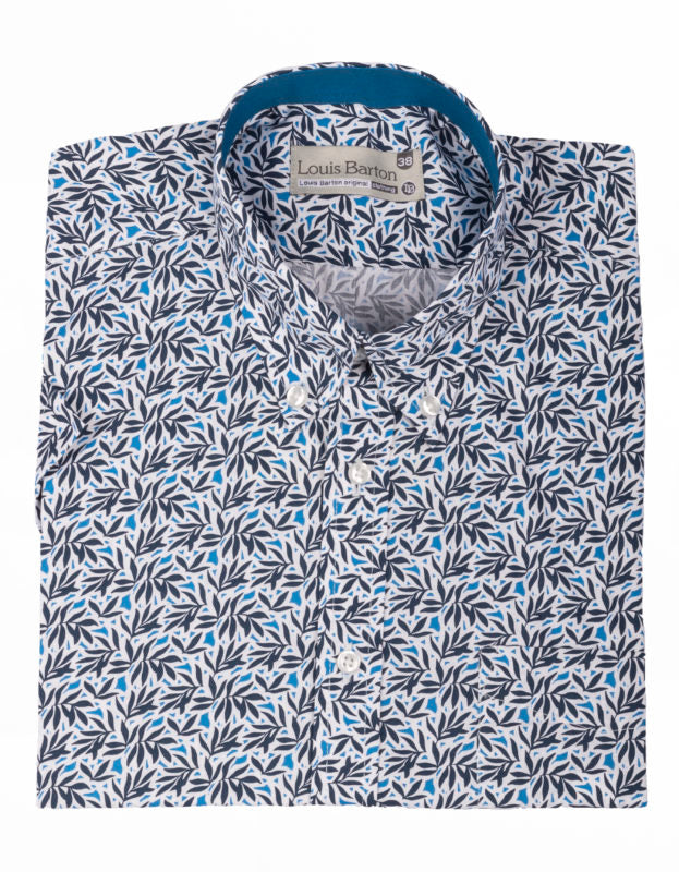 Camisa Manga Corta Estampado Con Hojas En Tonos Azules - Moldería informal