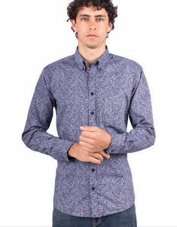 Camisa Manga Larga Azul Print Flores - Moldería informal