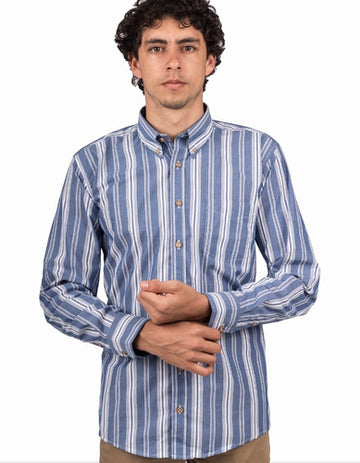 Camisa Manga Larga Azul Con Rayas Blancas - Moldería informal