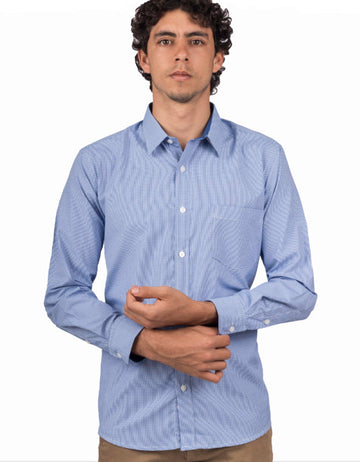 Camisa Manga Larga Cuadros Celeste Pequeños - Moldería clásica