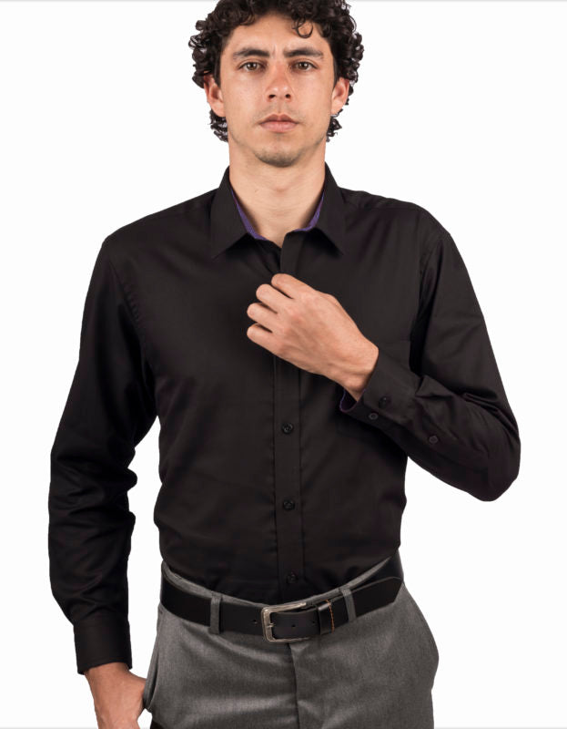 Camisa Manga Larga Color Negro Textura Rayas - Moldería clásica
