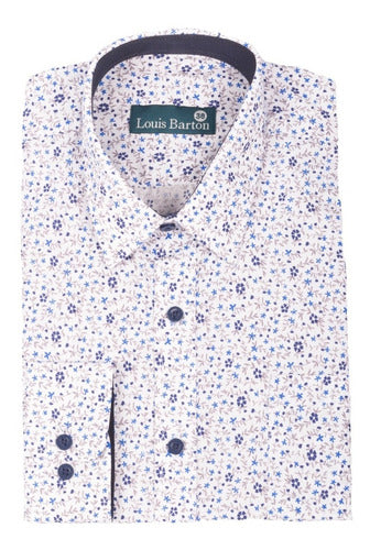 Camisa Manga Larga Blanca Estampada Flores Pequeñas Azules - Moldería slim