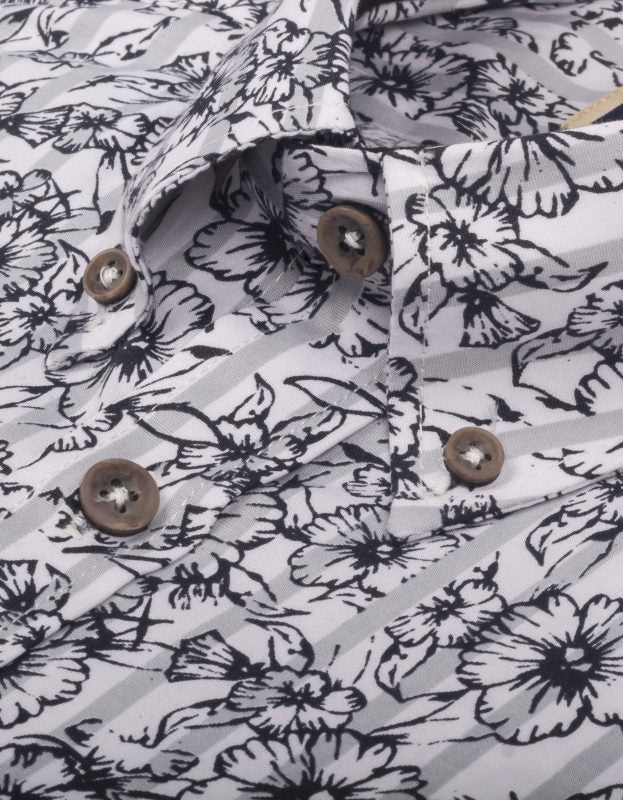 Camisa Manga Corta Blanca  Rayas Grises Flores Azules - Moldería informal
