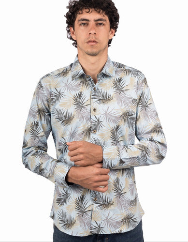 Camisa Manga Larga Diseño Azul Claro Estampado Hojas de Palma - Moldería slim