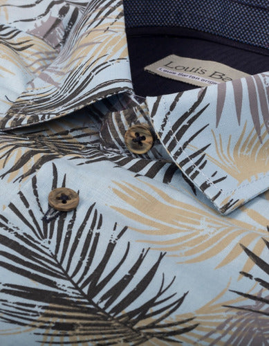 Camisa Manga Larga Diseño Azul Claro Estampado Hojas de Palma - Moldería slim