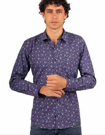 Camisa Manga Larga Azul Oscura Print Flores Blancas - Moldería informal