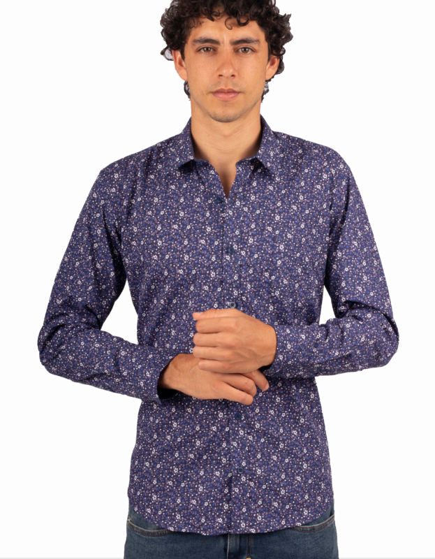 Camisa Manga Larga Azul Oscura Print Flores Blancas - Moldería informal