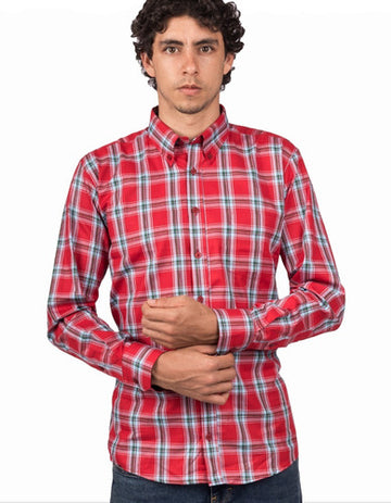 Camisa Manga Larga Cuadros Rojos Líneas  Azules -Moldería Informal