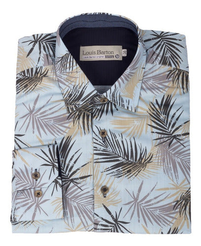 Camisa Manga Larga Diseño Azul Claro Estampado Hojas de Palma - Moldería slim
