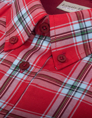 Camisa Manga Larga Cuadros Rojos Líneas  Azules -Moldería Informal