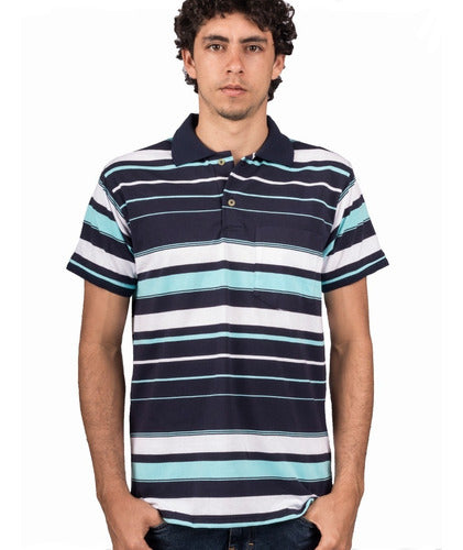 Camiseta Polo de Rayas Color Azul Claro, Azul Oscuro Y Blanco