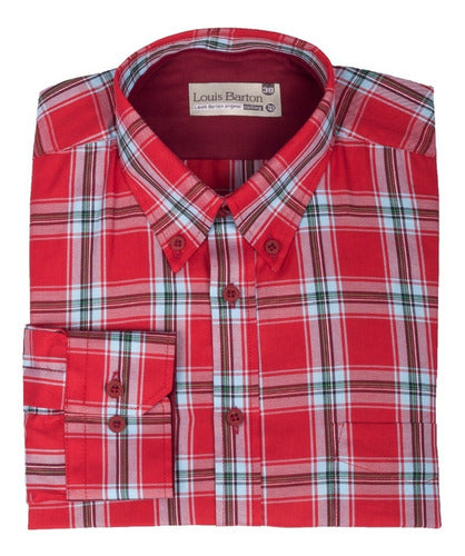 Camisa Manga Larga Cuadros Rojos Líneas  Azules -Moldería Informal