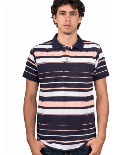 Camiseta Polo Louis Barton Estampado Rayas Azúl Oscuro, Blanco Y Rosa