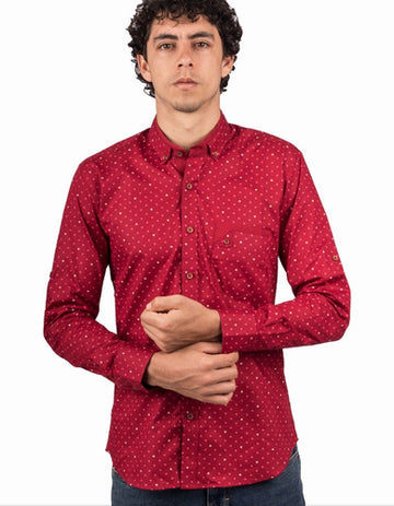Camisa Manga Larga Cuello Nerú Color Rojo Miniprint Blanco Y Rosa - Moldería slim