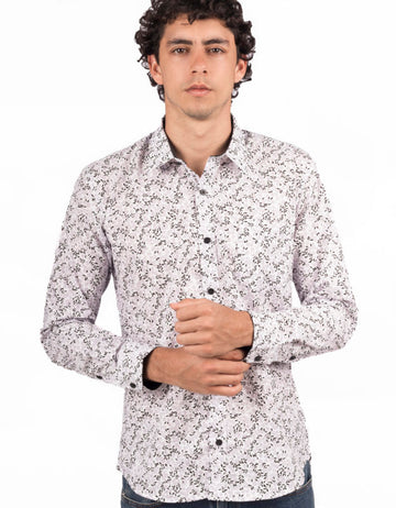 Camisa Manga Larga Estampada Rosas Grises Hojas Negras - Moldería slim
