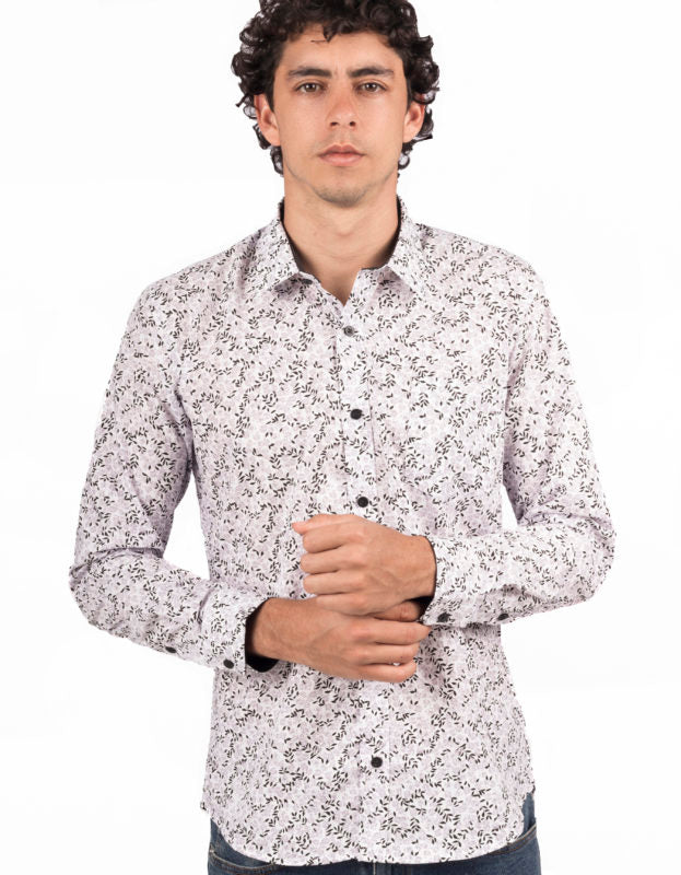 Camisa Manga Larga Estampada Rosas Grises Hojas Negras - Moldería slim