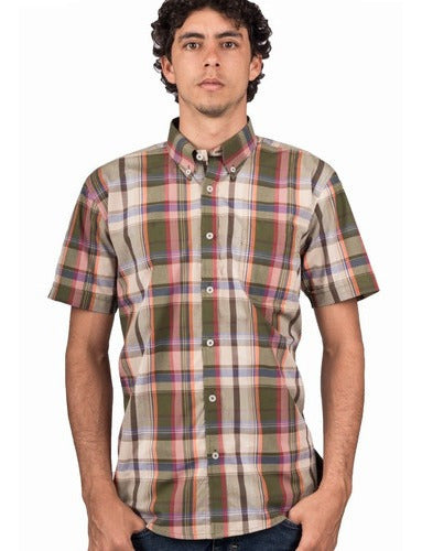 Camisa Manga Corta Cuadros Verde Oliva, Rayas Naranja Y Azul - Moldería informal