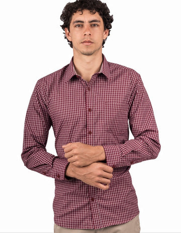 Camisa a Cuadros Manga Larga Color Vino Con Rayas Blancas - Moldería Clásica