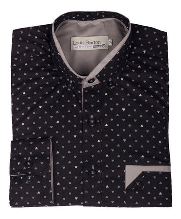 Camisa Cuello Nerú Color Negro Miniprint  Gris Y Blanco - Moldería slim