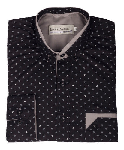 Camisa Cuello Nerú Color Negro Miniprint  Gris Y Blanco - Moldería slim