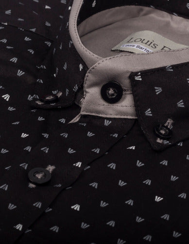 Camisa Cuello Nerú Color Negro Miniprint  Gris Y Blanco - Moldería slim