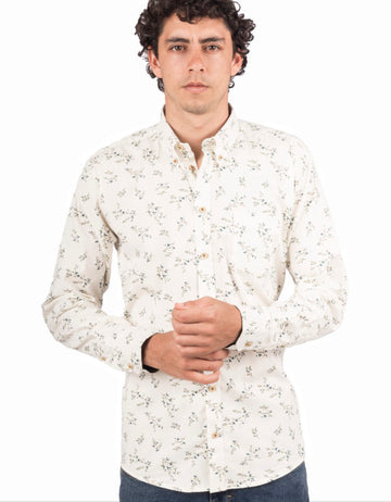 Camisa Manga Larga Color Crema Print Hojas Verde Oliva - Moldería informal