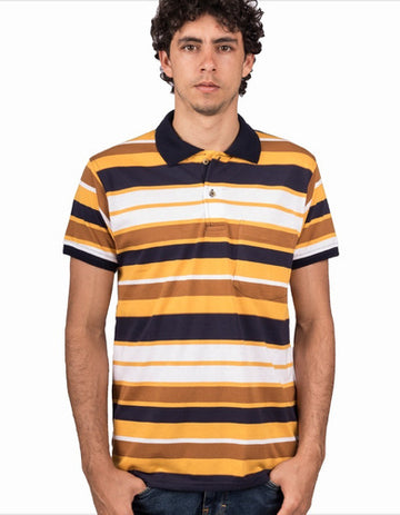 Camiseta Tipo Polo Rayas Mostaza, Café, Azul Oscuro Y Blanco