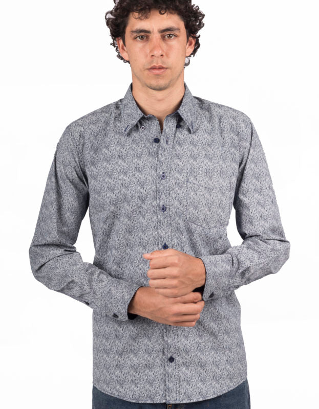 Camisa Manga Larga Azul Oscuro Print Olas - Moldería Informal